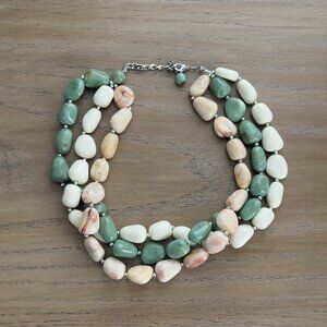 Vintage Triple Strand Beaded Necklace Choker Green Cream Acrylic Beads